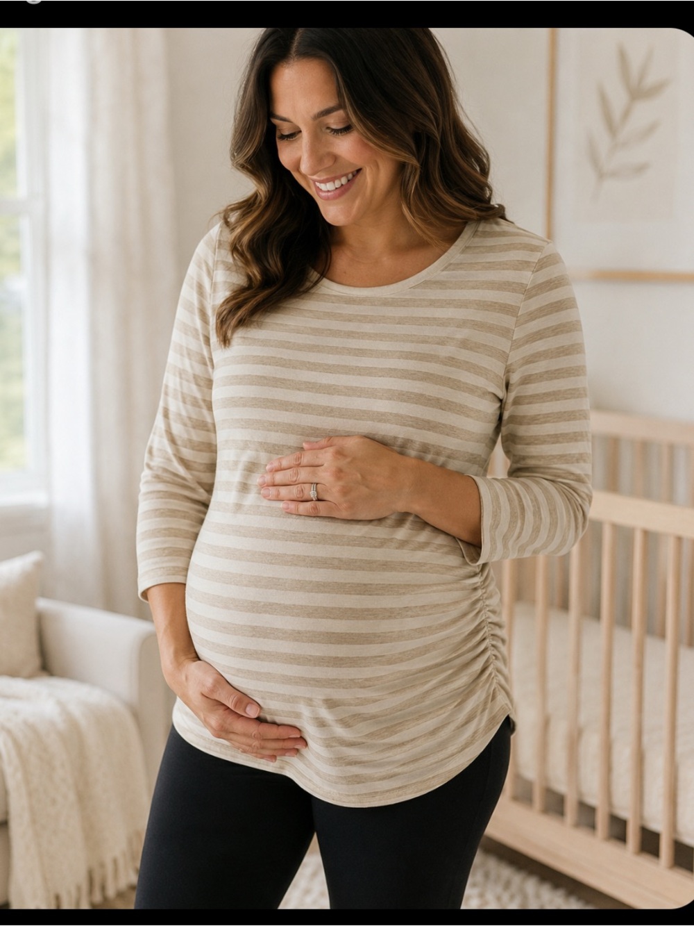 Motherhood Striped Three-Quarter Sleeve Maternity/Nursing Top in Cream and Tan